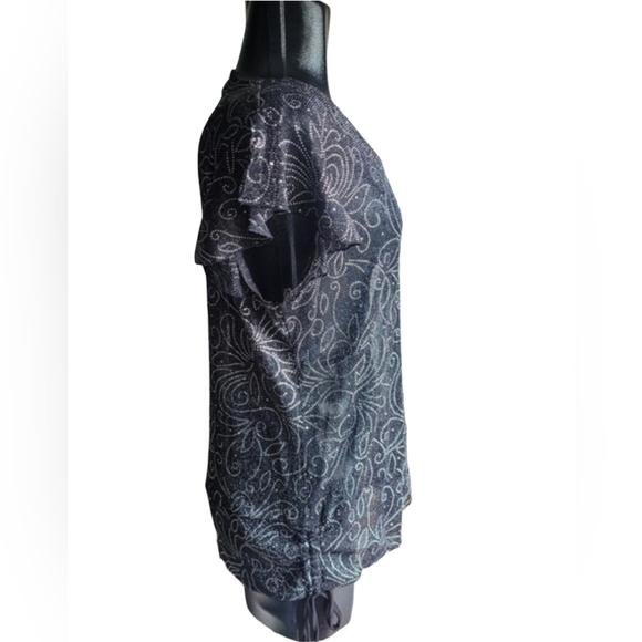 Champagne Black Sheer Silver Dot Patterned Short Sleeve Top L - Picture 3 of 7